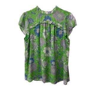 Joie Floral Cap Sleeve Blouse Size Large Ruffle Trim Green Multi Polyester Boho